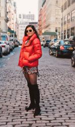 How To Style A Red Puffer Coat: Evening Ensemble