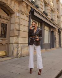 PFW 2019 L’AGENCE Black Leather Blazer with White Wide-leg Jeans