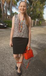 Weekday Wear Linkup! Button Up Tanks And Pencil Skirts With A Little Red Micro Avery Bag