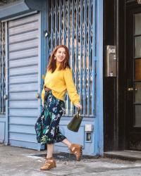 Easy Spring Transition Style: Floral Midi Skirt and Yellow Sweater with Tan Lace Up Wedge Sandals