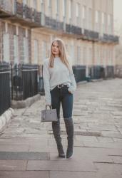 Monochrome Grey Over The Knee Boots Outfit
