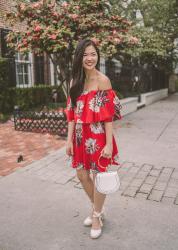 Red Floral Off the Shoulder Dress