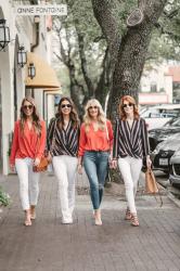 CHIC AT EVERY AGE SHOWING TWO TRENDS-CORAL AND STRIPES