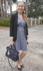 Weekday Wear Linkup! Blue Wrap Dresses, Navy Rebecca Minkoff Regan Bag
