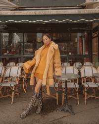 Arje Mustard Shearling Coat and Paris Texas Snake Skin Boots