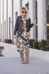 Scarf Print Dress + Snakeskin Boots.