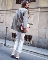 white pants, pink bag