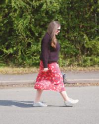 Red Floral Midi Skirt Outfit