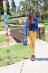 Mustard Pants + Blue Blazer