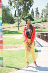 Mustard Pants + Red Blazer