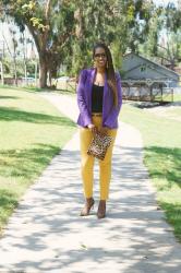 Mustard Pants + Purple Blazer