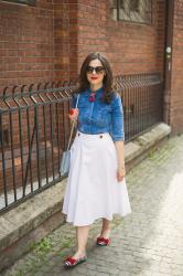 Jeans shirt, white midi skirt and red pops