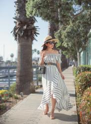 Striped maxi dress (nursing + bump friendly) by the sea