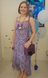 Printed Maxi Dresses and Purple Mini MAB Tote Bag