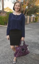 Weekday Wear Linkup! Blue Blouses, Black Pencil Skirts and Purple Balenciaga Work Bag