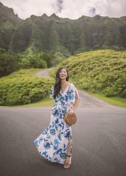 Blue & White Floral Maxi Dress in Oahu