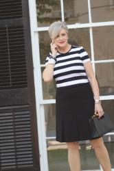 business casual | a-line skirt and striped tee