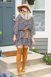70s Boho in a Floral Dress + Over-the-knee Boots.