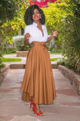 Rolled Sleeve Button-Down + Belted Midi Skirt