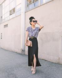 Camo print tee + petite black maxi skirt