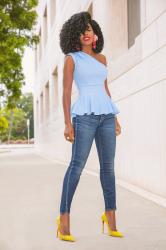 One Shoulder Peplum + Twisted Seam Jeans