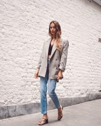 blazer + crop top + jeans 