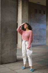 Pink Crochet Sweater and White Pants