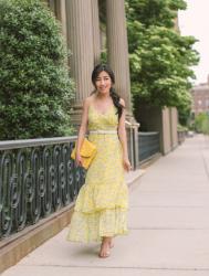 Sunny florals // tiered maxi dress + yellow clutch