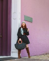 Wear This Little Black Swing Dress with a Floral Head Scarf