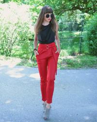 red paperbag trousers