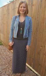Denim Jacket And Striped Maxi Skirts With Grey Tees and Rebecca Minkoff MAB Camera Bag