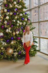 Holiday Outfit Idea: Red Pintucked Pants + Fuzzy Sweater + Festive Home Decor