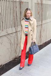 Spring Style: Multicolor Stripe Top + Red Pintucked Pants