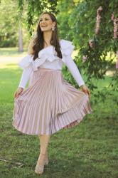 Pleated Satin Midi Skirt + Ruffles