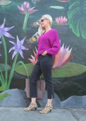 Fuchsia Sweater & Black Straight Leg Jeans