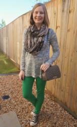 Grey Knits And Green Skinny Jeans With Rebecca Minkoff Love Bags