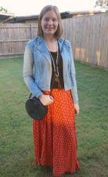 Printed Maxi Skirts and Denim Jackets With Amerii Rattan Sling Bag