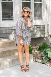 Striped Linen Romper + Wedge Sandals.