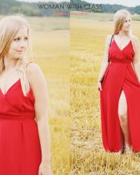 Czerwona długa sukienka - maxi + czarna torebka + srebrne sandałki