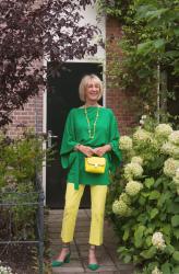 Lemon yellow trousers with a green kimono top