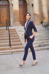 Navy power suit on sale under $100!