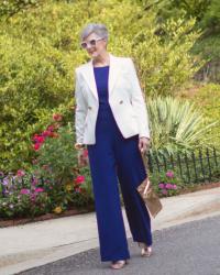 blue jumpsuit and white blazer