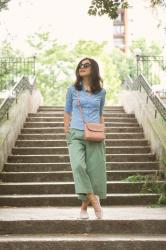 Army green culottes and light blue