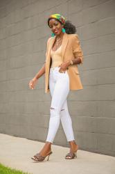 Oversized Blazer + Bodysuit + Ripped White Jeans