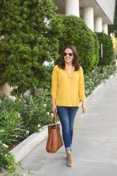 Yellow V-Neck Top + Brown Booties