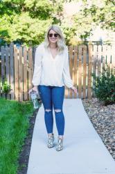 Cream Blouse + Snakeskin Booties.