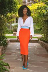 Billowy Sleeve Bodysuit + Contrast Waist Pencil Skirt
