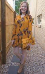 Floral Swing Dresses With Mustard Bags and Ankle Boots