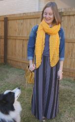 Matching Bags and Scarves With Grey Tees and Striped Maxi Skirts For Spring