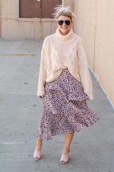 Ruffled Midi Skirt + Blush Sweater with Kindred Shops.